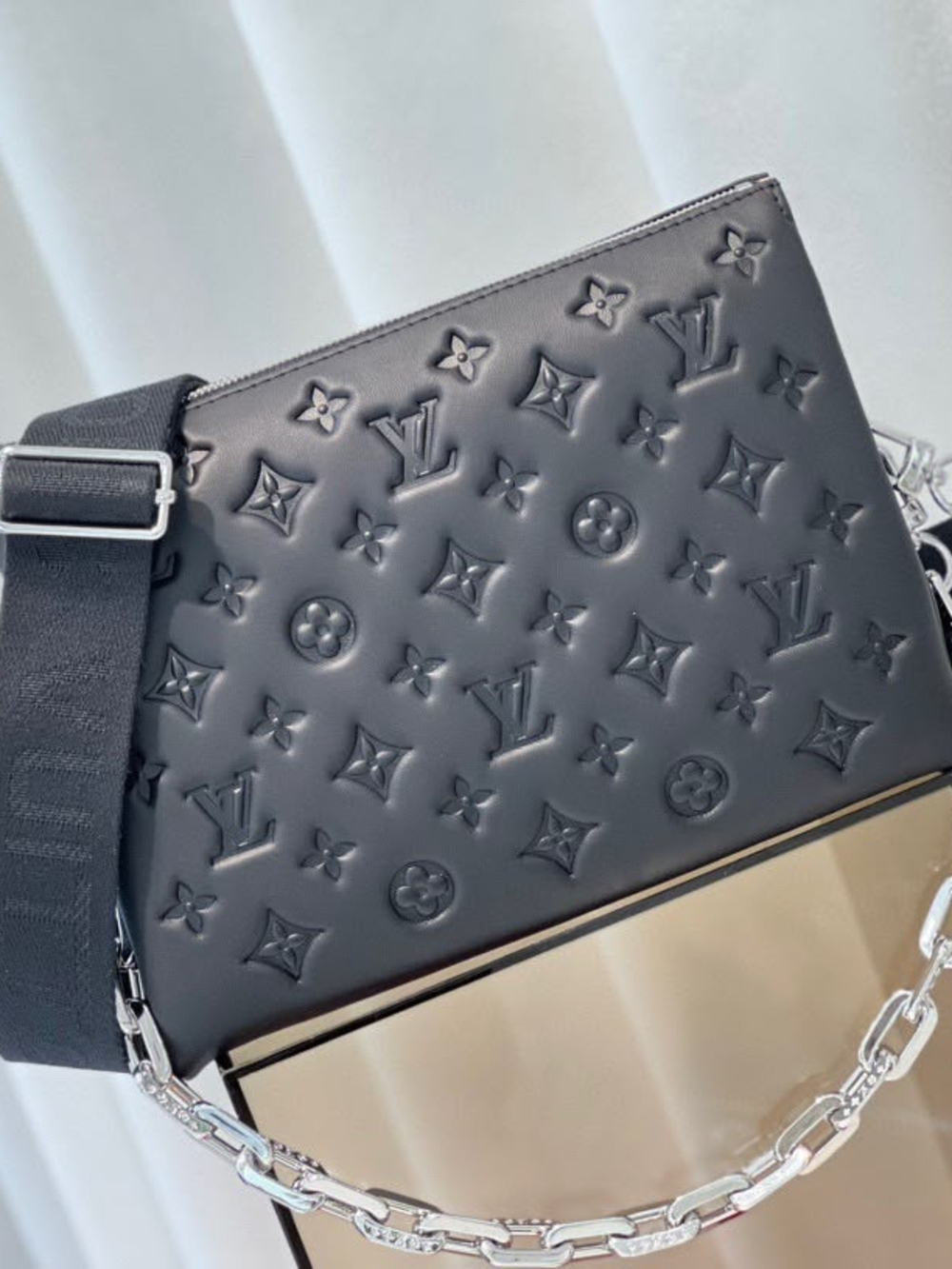Louis Vuitton Black Monogram Embossed Crossbody Unisex Bag with Chain